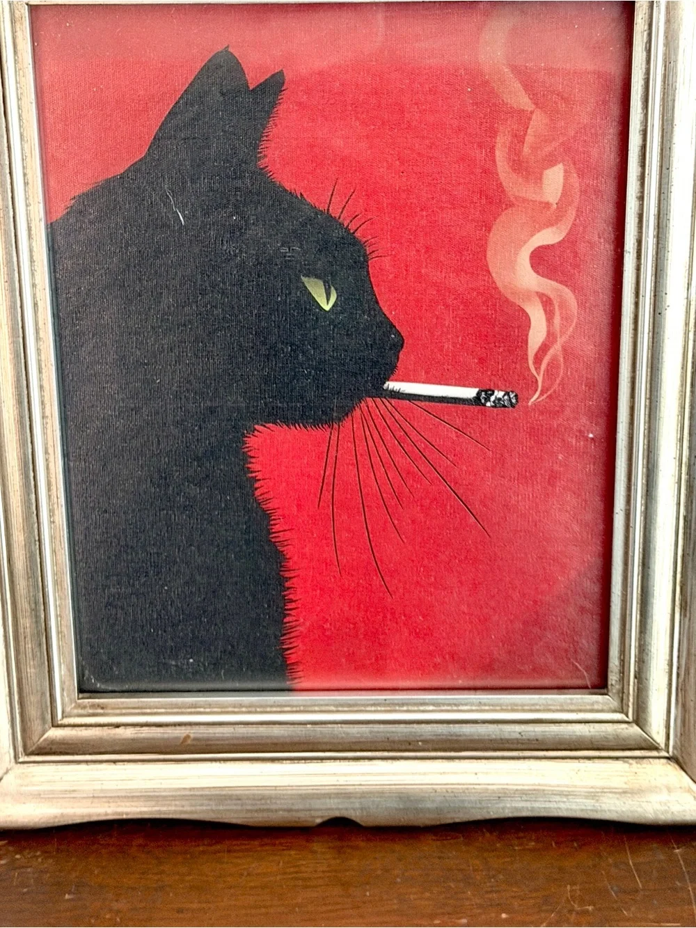 Black Cat Smoking a Cigarette Ornate Silver Framed Canvas Art Print Wall Hanging